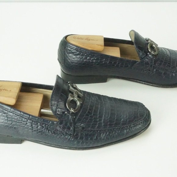 Salvatore Ferragamo Blue Horsebit Gancini Crocodile Alligator Loafers Shoes 10EE